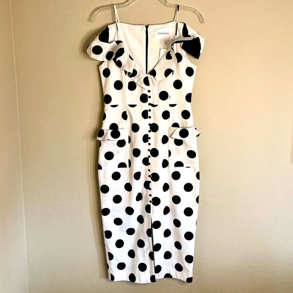 NICHOLAS Black Polka Dot on White Ruffled Midi Dress - Picture 7 of 16